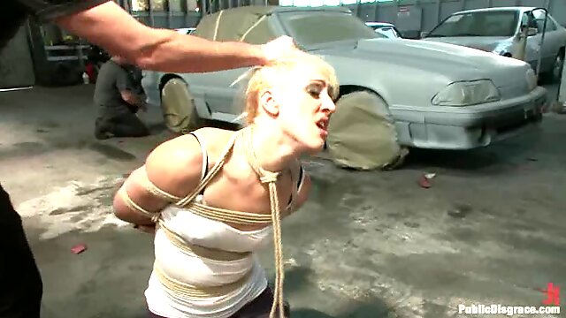 Tied up blonde gets gangbanged in a car service