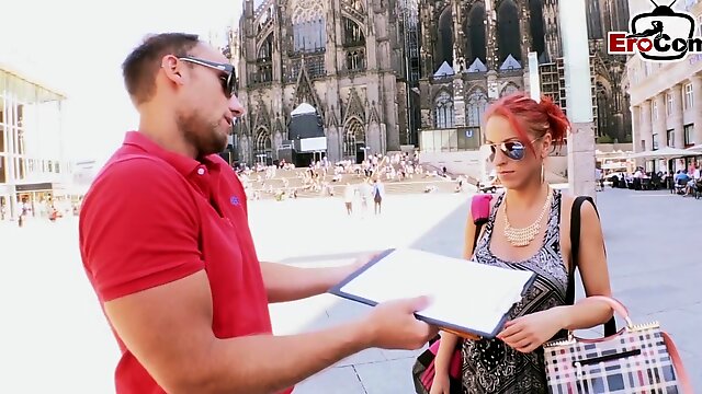 STREET FLIRT CASTING WITH GERMAN SKINNY REDHEAD