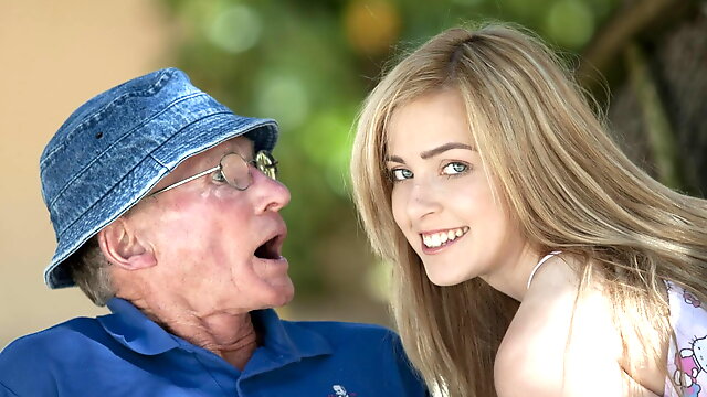 Beautiful teen sucks grandpa outdoors and she swallows it all
