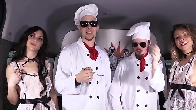 Two German bitches blow various cocks inside the big van