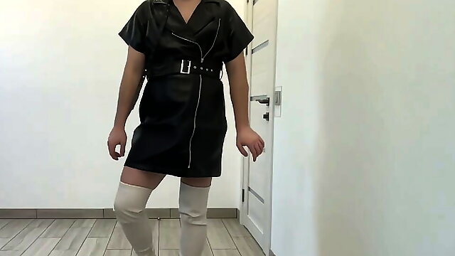 Beautiful Crossdresser, Leather Boots, Dress