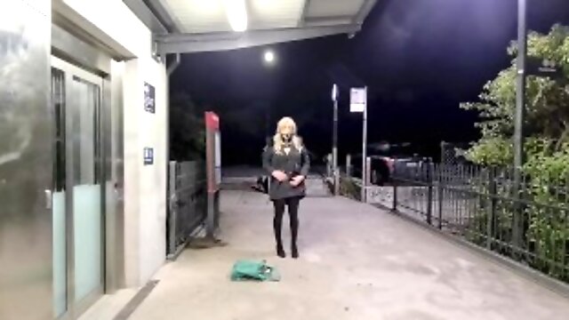I leave my clothes behind and ride a fat dildo at a train station park and road