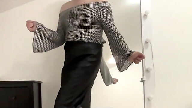 Flared Skirt And Lingerie, Office Secretary, Trans Office, Satin Lingerie, Skirt Solo Masturbation