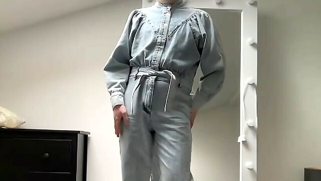 Jeans jumpsuit and high heels on sissy crossdresser slut