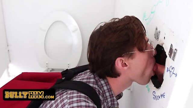 Bully Him - Innocent Geeky Boy Wraps His Puffy Lips Around Thick Cock Coming Out Of A Glory Hole