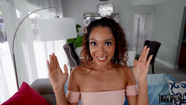 Fun-sized ebony with small tits screwed in the living room