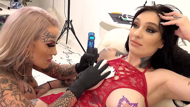 Misha inked then shares a cock with Evilyn