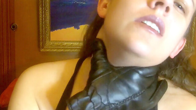 Self gagging in Leather Gloves two