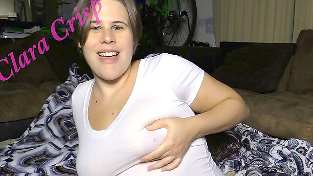 Milf squeezing Breastmilk thru White T-Shirt And Encouraging You to Suck