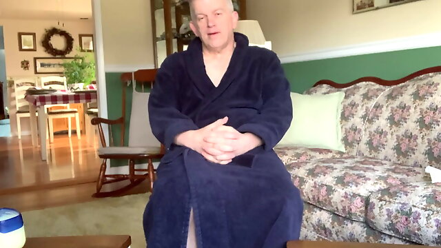 Daddy Dressed in a robe strips naked and masturbates