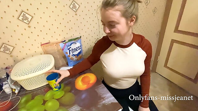 Russian Teen, Nipples, Cumshot, Kitchen, Big Nipples