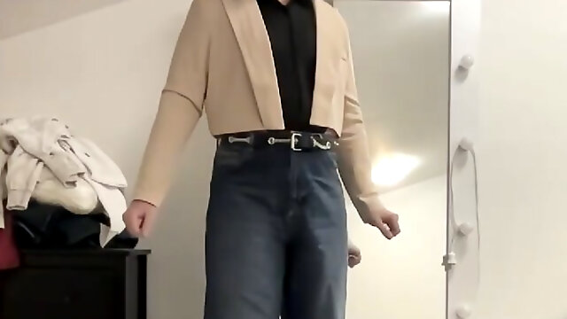 Office tranny in wide leg palazzo flared jeans, shirt body and crop jacket masturbating to be trained to cum in office