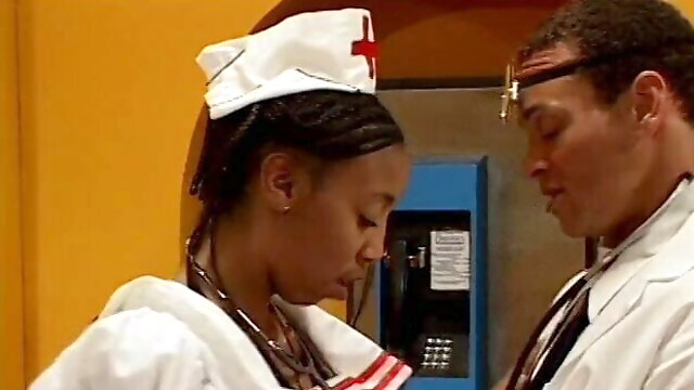 Eager ebony nurse sucks doctor's cock on her knees before getting fucked in his office