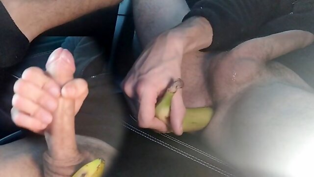 Big Cock Man in Car, Train His Anus with a Small Toy, then Insert Half a Banana, Likes It and Cums