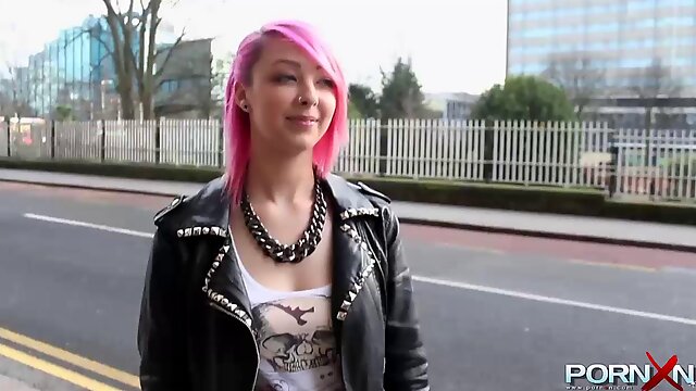 Pink hair slut flashing in public