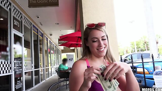 Blonde paid to strip naked and tease in public POV