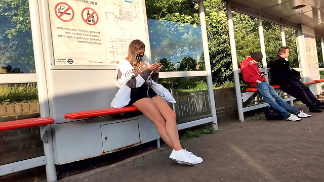 Legs and Ass Teen Voyeur at Bus Stop