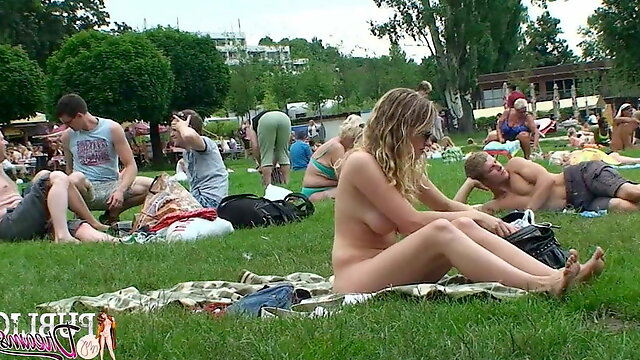 Busty nice blonde naked in public