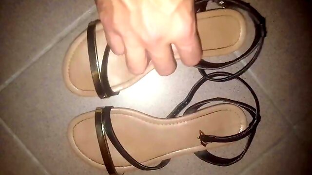 Hot blonde girls sandals cummed - she puts them on! (HD)