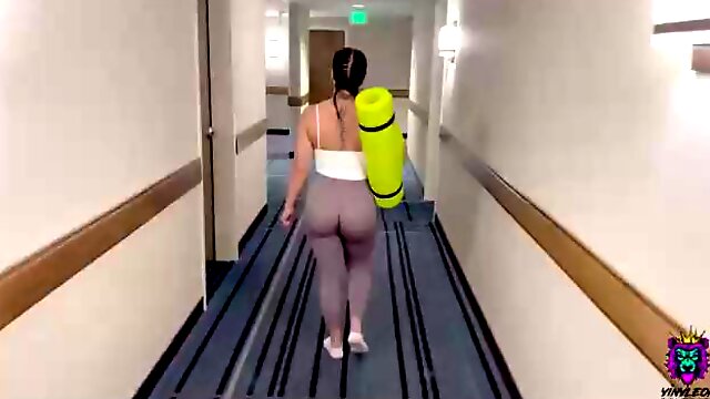 Instead of doing her yoga routine, busty brunette is having casual sex with her personal trainer