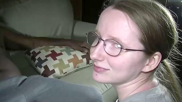 Nerdy babe with glasses is sucking a big, black cock like a pornstar and then getting assfucked