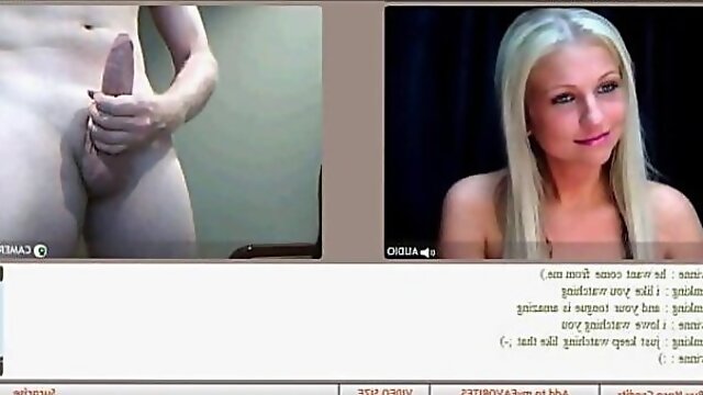 Stunning CFNM blonde watches naked guy cum on webcam