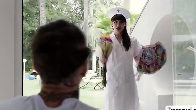 Gorgeous shemale naughty Natalie Mars gets naked and fucks hard