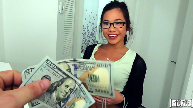 Nerdy asian teen in glasses Vina Sky fucks for dollars