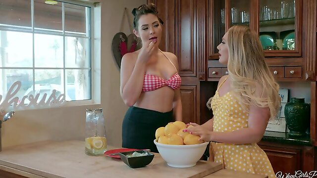 Two insatiable girlfriends pleasuring each other in the kitchen