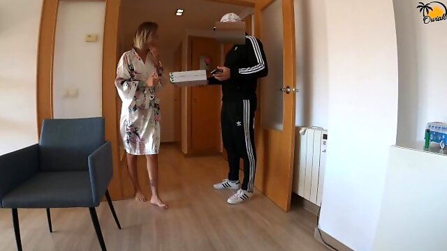 Spanish Pizza Guy gets Surprise BJ and fuck from tattooed blond girl