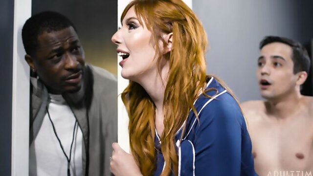 Sexy redhead chick Lauren Phillips jumps on a long penis in the office