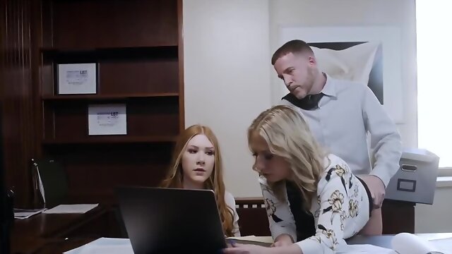 Two naughty secretaries are fucking with a horny boss