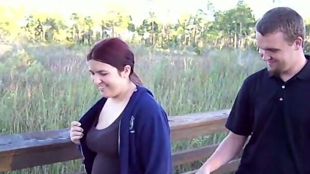 Chubby amateur girl gives a blowjob and gets fucked outdoors