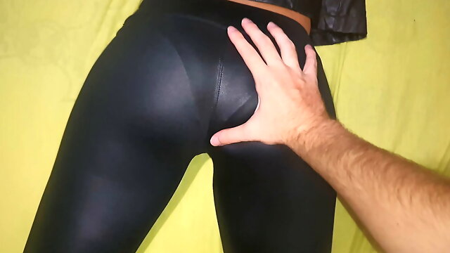 Leather leggings, tight pants, panty lines, touching her body, grabbing her ass in leggings