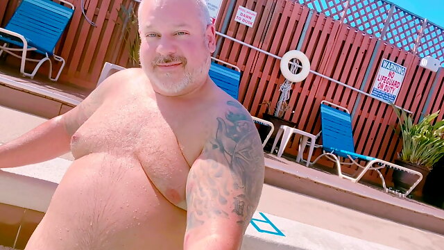 FATTEST DADDY BELLY IN A POOL ! Jacks his cock too! 