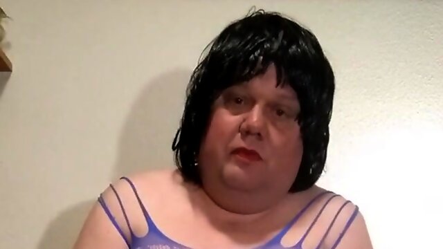 Obese crossdresser Cdshirila, pissing and swallowing own piss, in blue bodystocking.