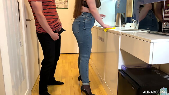 Step mom pulled down her jeans so I can jerk off and cum on her pantyhose ass
