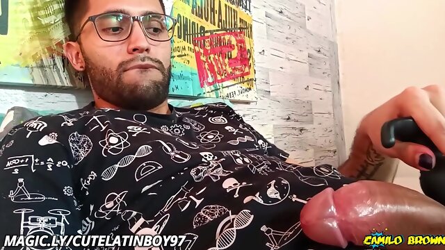 Massaging My Big Uncut Cock With A Strong Vibrator Until I Peecum A Nice One 