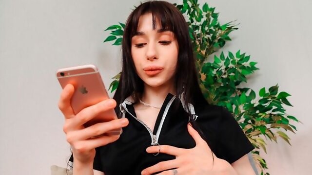 Angelic soloing young brunette Wensday opened her shaved pussy