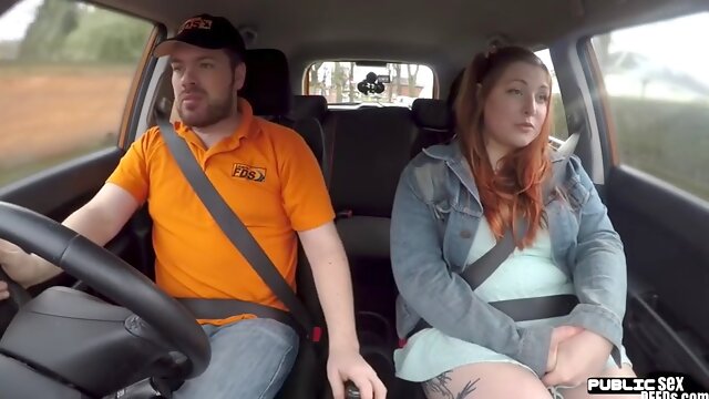 Curvy redhead tattooed babe publicly fucked in car by instructor