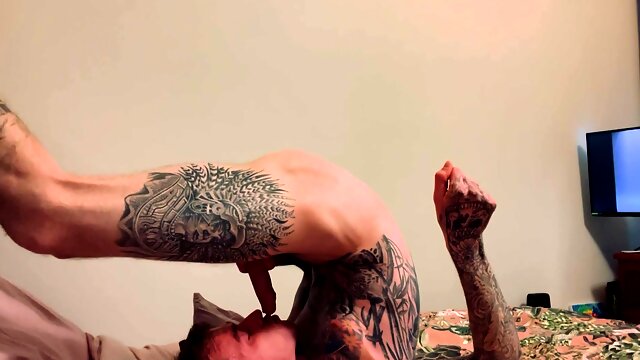 Hot Tattooed Guy Self Blowjob And Eats His Own Cum