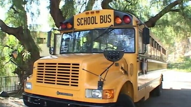 Blonde chick gets banged from the back on her school bus