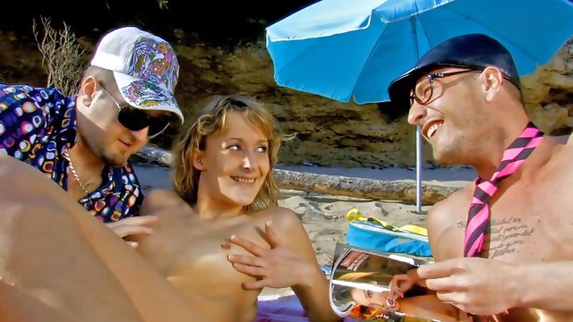 French teen Evy Sky has a very crazy anal threesome on the beach