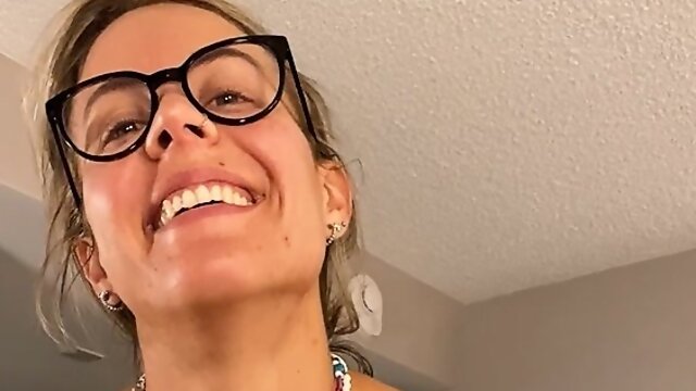 Adorable Topless Girl in Glasses Jerks off Huge Cock in Hotel Room- Kate Marley