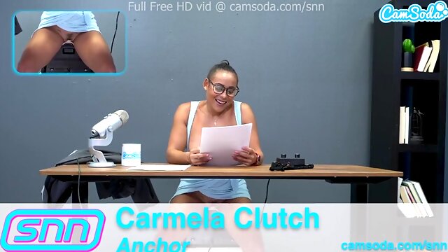 Camsoda News Network reporter reading the news while riding a sybian