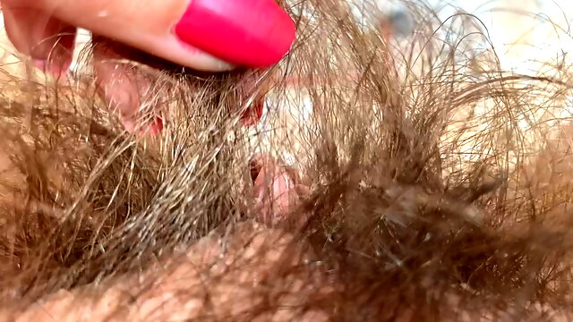 Big clit super hairy pussy in extreme close up 