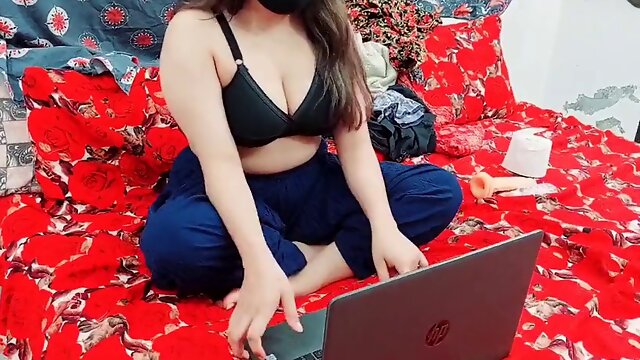 Pakistani mom watching porn on laptop and masturbating with dildo in ass and pussy with loud moans