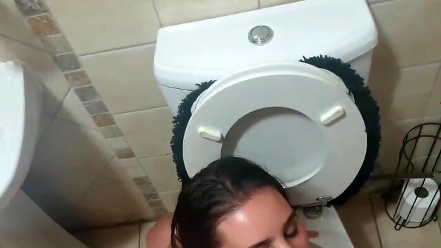 Toilet slave sucking cock and piss covered dildo, head flush