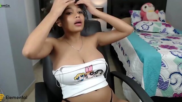 Light skinned ebony spits and spanks her big tits