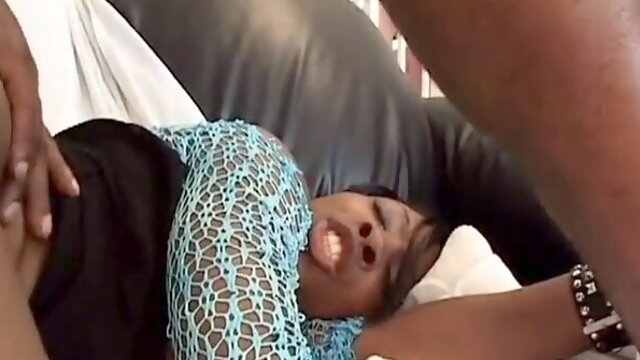 Sexy ebony with nice tits deep throats and takes long black dick in living room